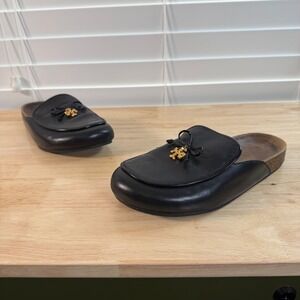 Tory Burch Black Leather Slip-On Mules with Gold Logo